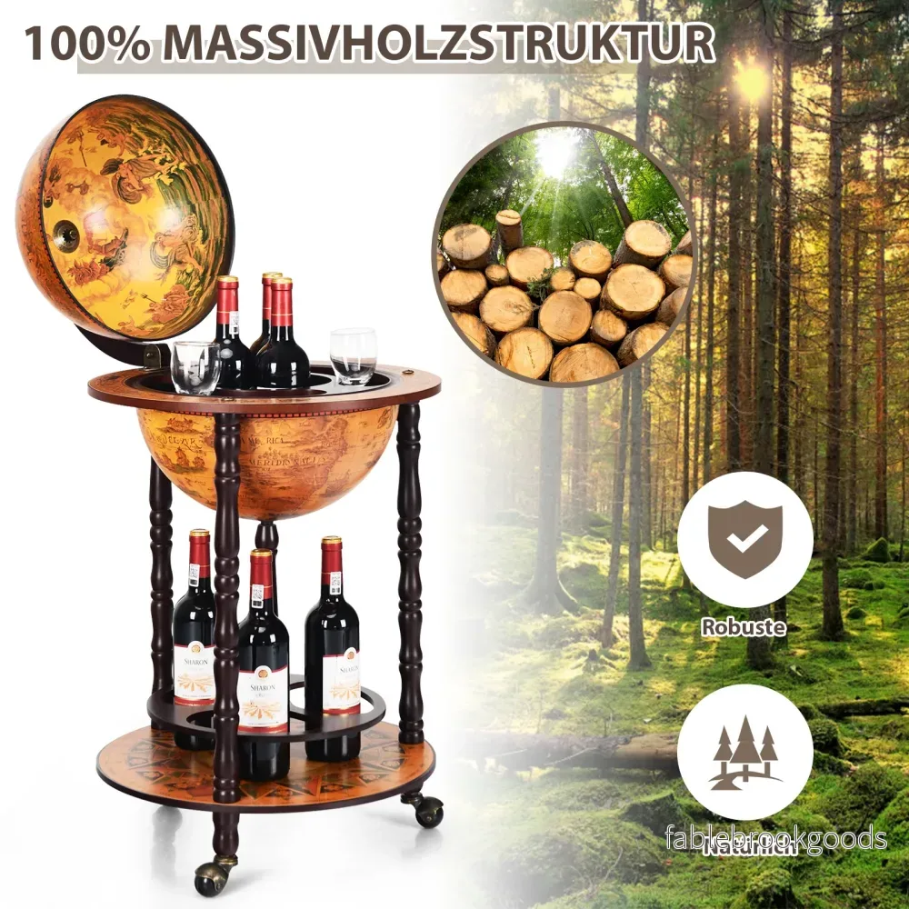 Rolling – Globus vinstativ bar på hjul för vin – 47 x 47 x 90 cm – Brun - Bild 3