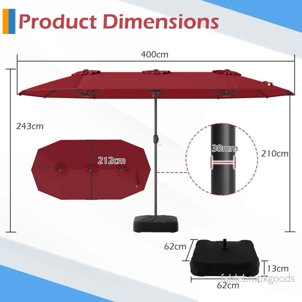 Dubbel – parasoll med stativ, solskydd UPF 50+, – 400 x 200 cm – Vinröd - Bild 2