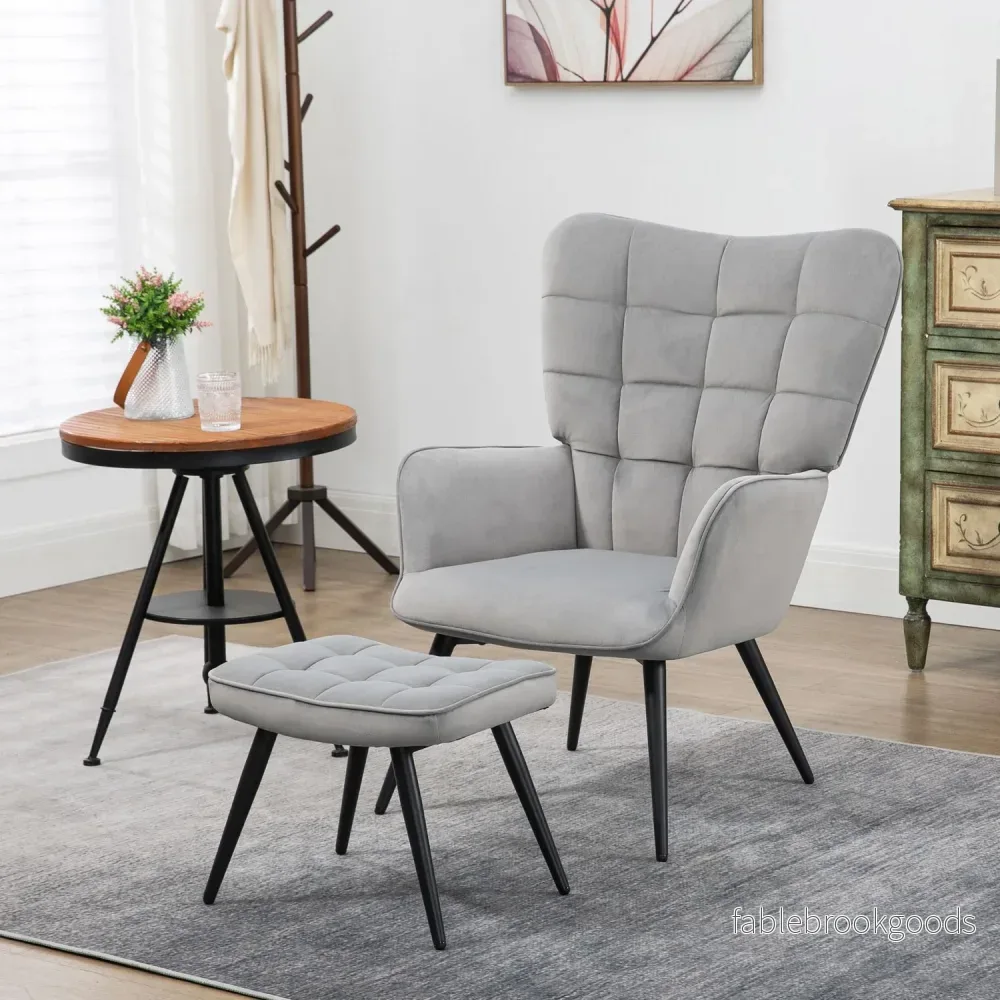 Lounge Wingback stol och pall, sammetslook, ljusgrå - Bild 2
