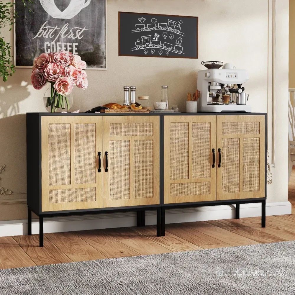 Rattanskåp – med faldigt justerbart hyllsystem och dörrar Boho buffé accentskåp – 3 2 – Svart - Bild 3