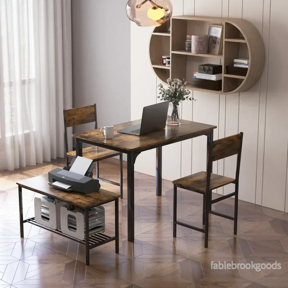 delat – matbord dukat köksbord med stolar och bänk hylla industriell matgrupp – 4 2 1 – Brun - Bild 3