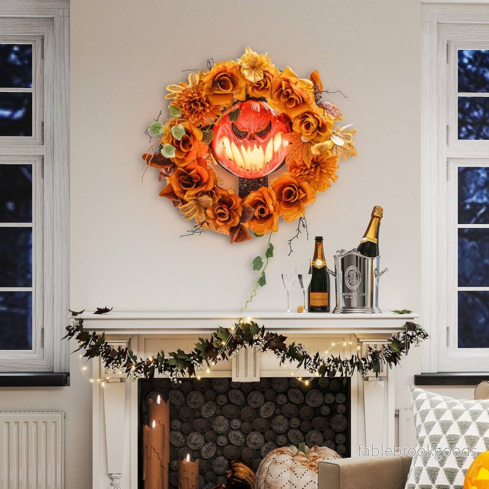Halloweenkrans, pumpadesign, höstlöv, LED-effekter - Bild 2