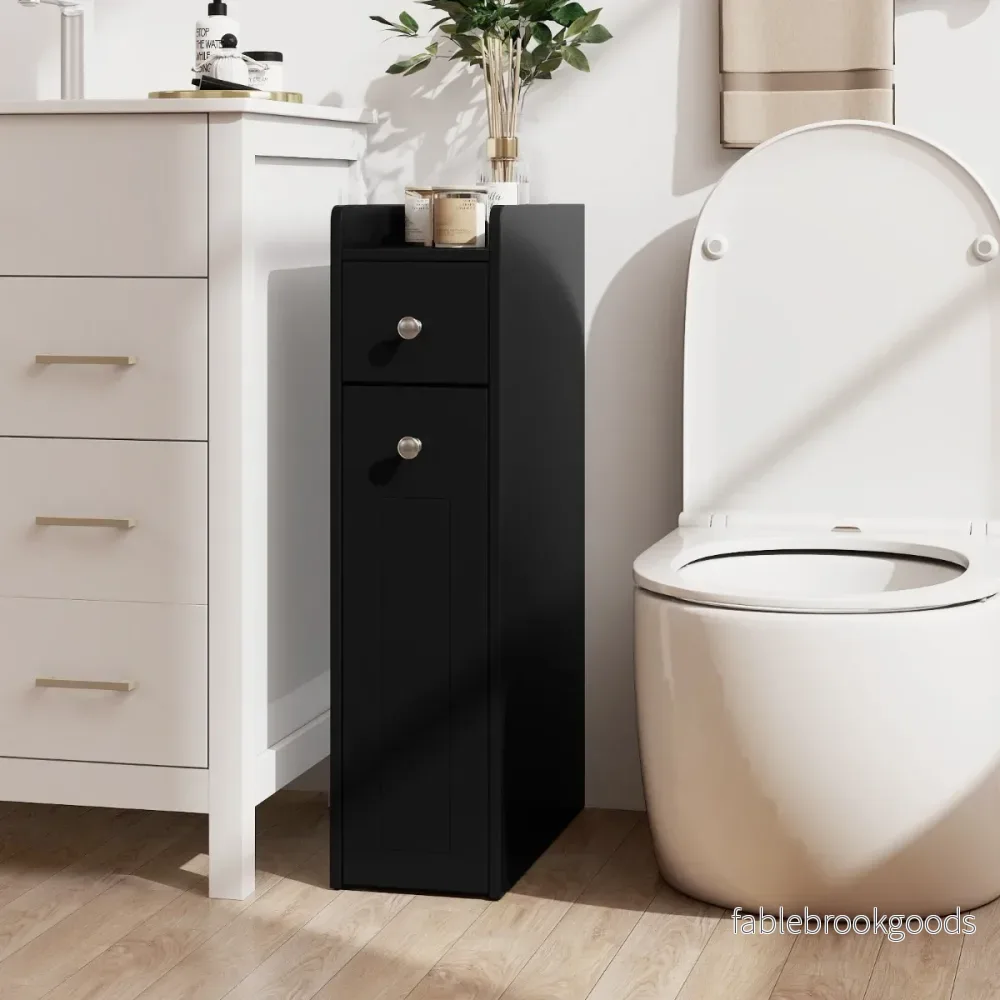 Liten – Badrumsskåp steg smal Förvaringsskåp med utdragbar Låda – 4 – Svart - Bild 3