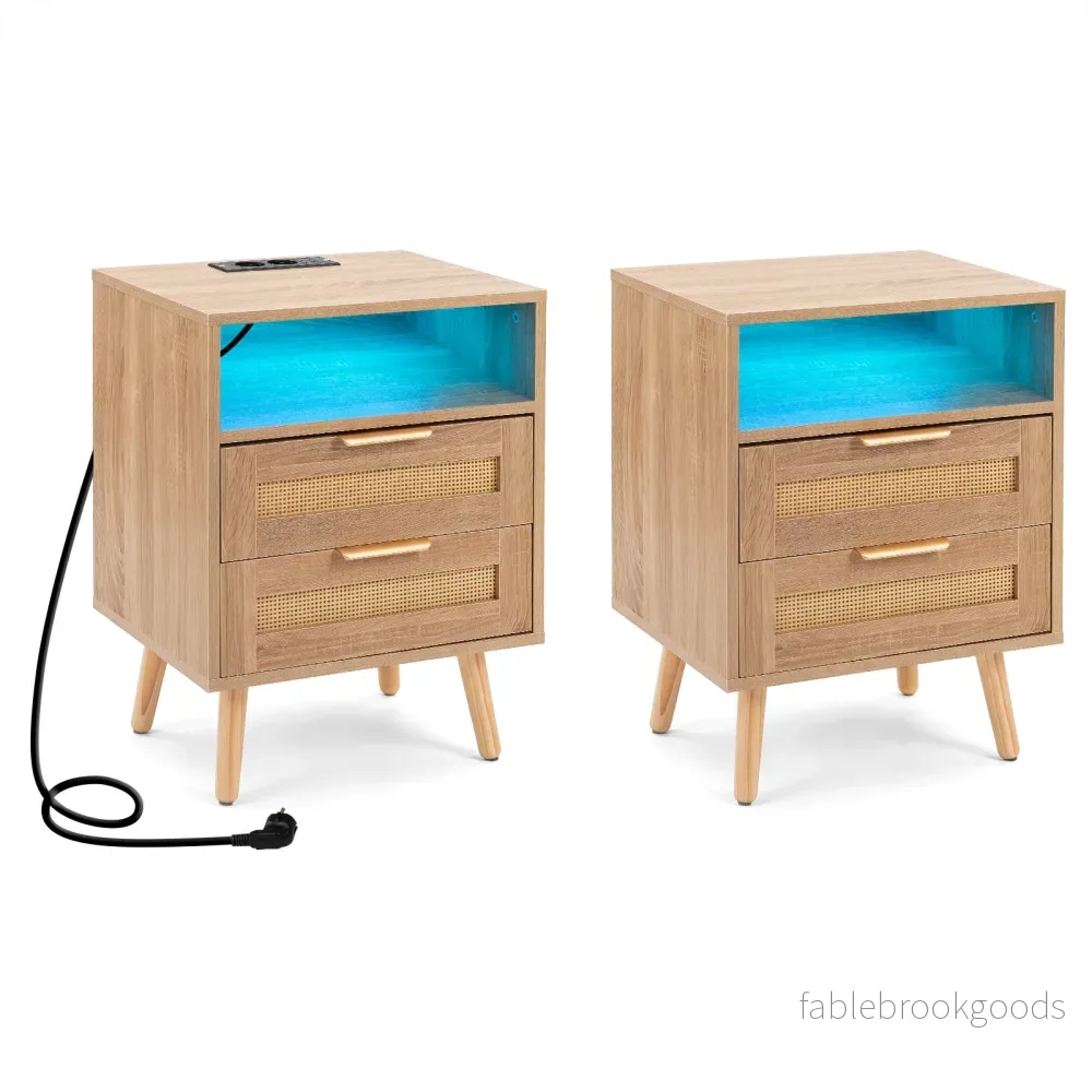 pack – nattduksbord med laddstation och LED lampor Nattkommod av trä lådor Sido rottingutseende – 2 2 – Natur