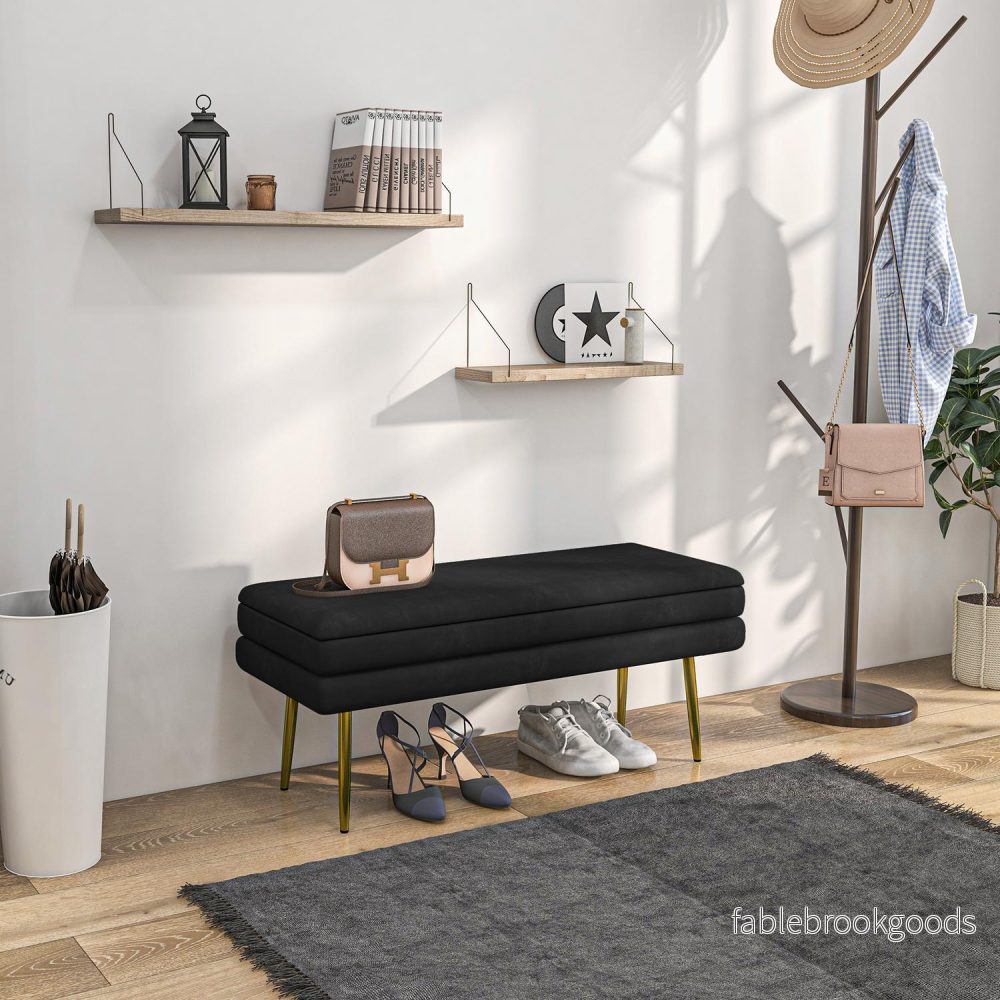 Klädd bänk med förvaringsutrymme, stål, 100 cm x 37,5 cm x 42 cm, svart - Bild 2