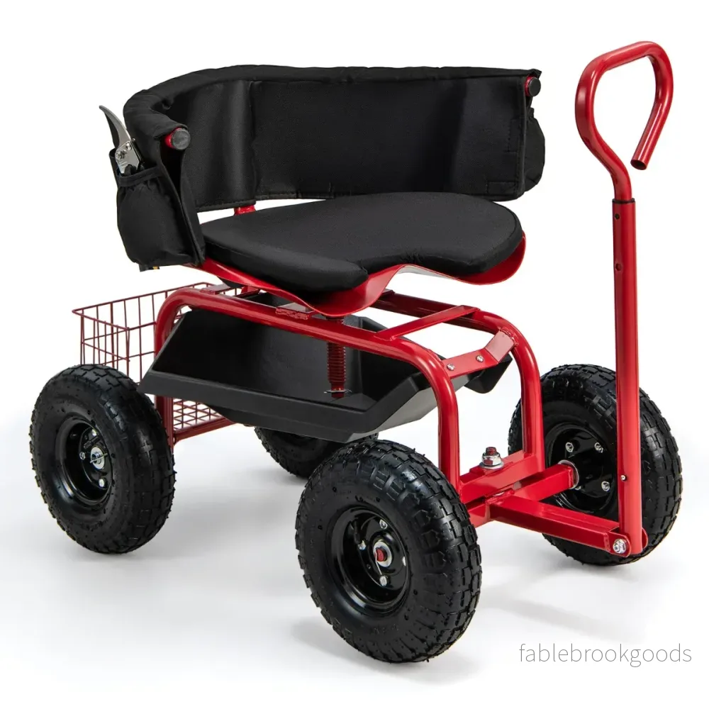 Mobil – sits för trädgårdsarbete Trädgårdsvagn styrbar verktygsvagn med bricka förvaringskorg – Röd och svart - Bild 3
