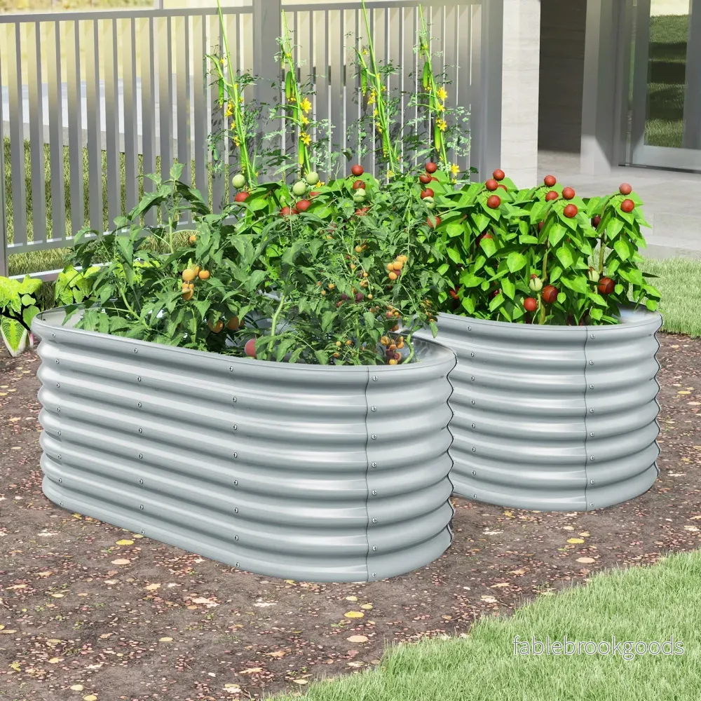 Metall – Oval Höjbädd med Öppen Botten Planteringslåda Förkultivering Wellpapp Blomsterbädd – Grå - Bild 3