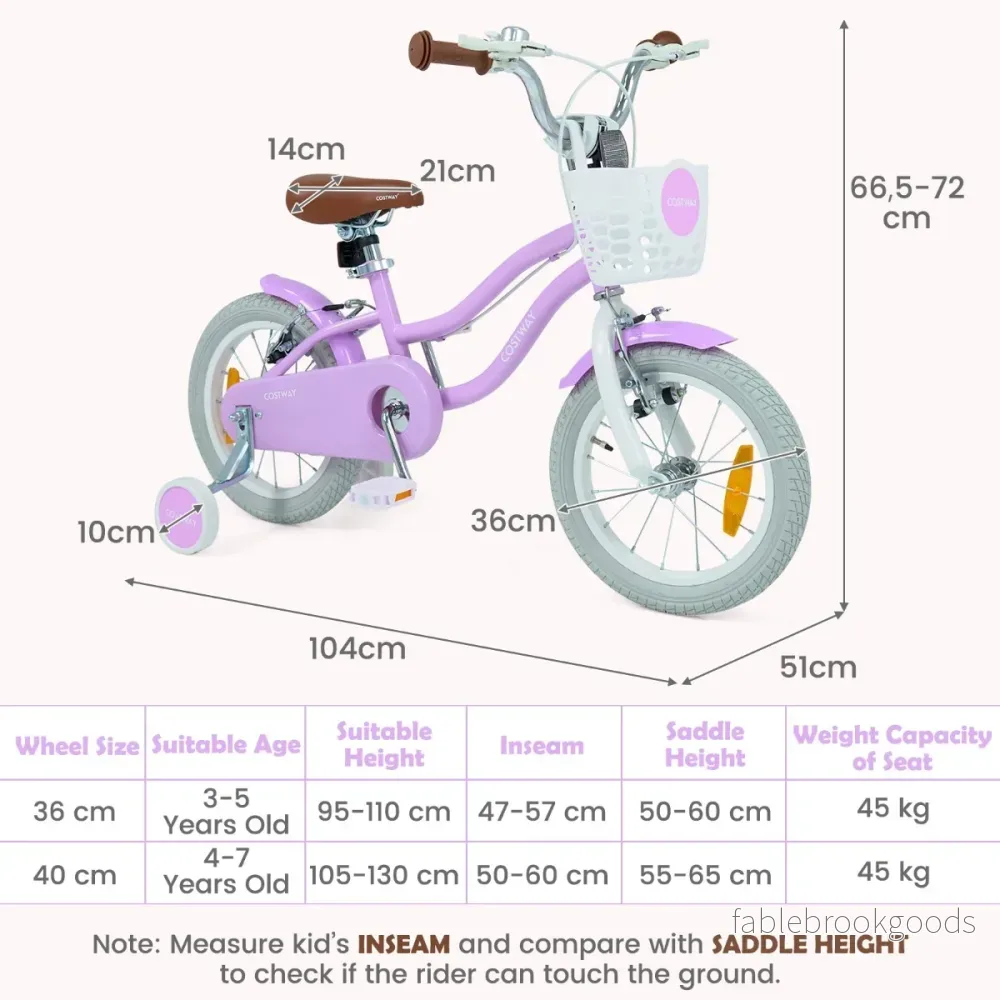 tums – barncykel med stödhjul och korg, höjdjusterbar styrstång sadel – 14 – Lila - Bild 2