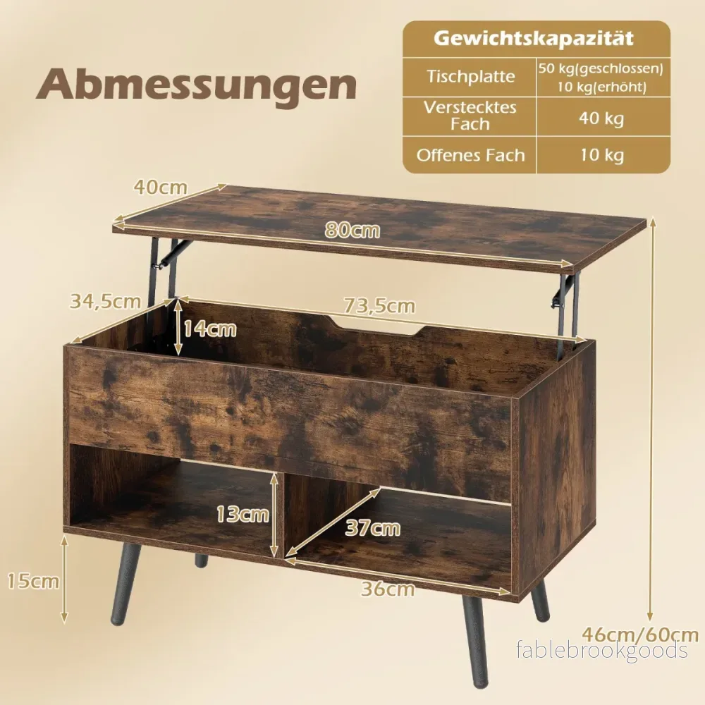 Höjbar – soffbord med lyftbar bordsskiva och öppna hyllor Rustikt brunt – 2 – Rustik brun - Bild 2
