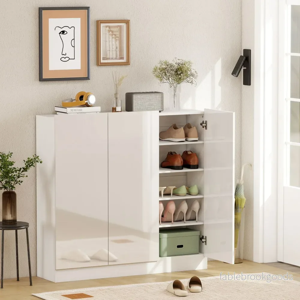 Skoskåp, 10 hyllor, ventilation, mjukstängning, vitt trä - Bild 2