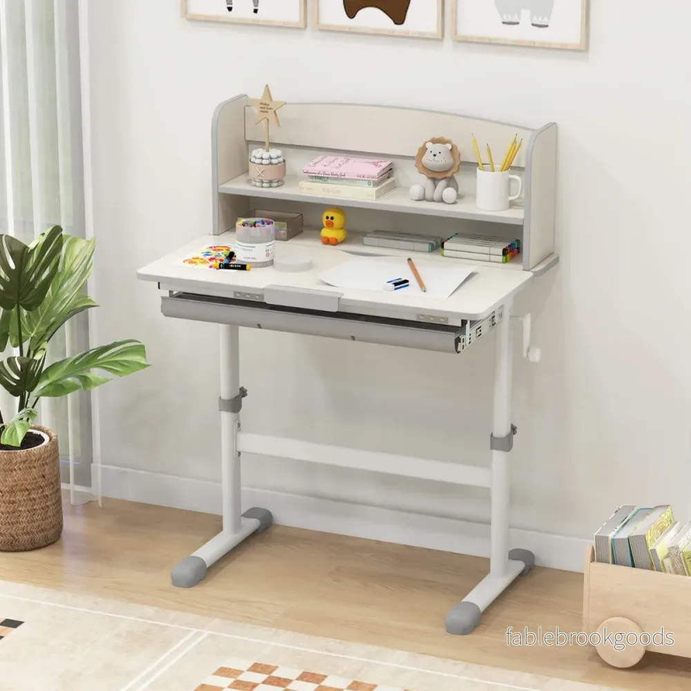 Höjdjusterbart – skrivbord med fällbar bordsskiva och låda hylla barnstudiebord – Grå - Bild 3