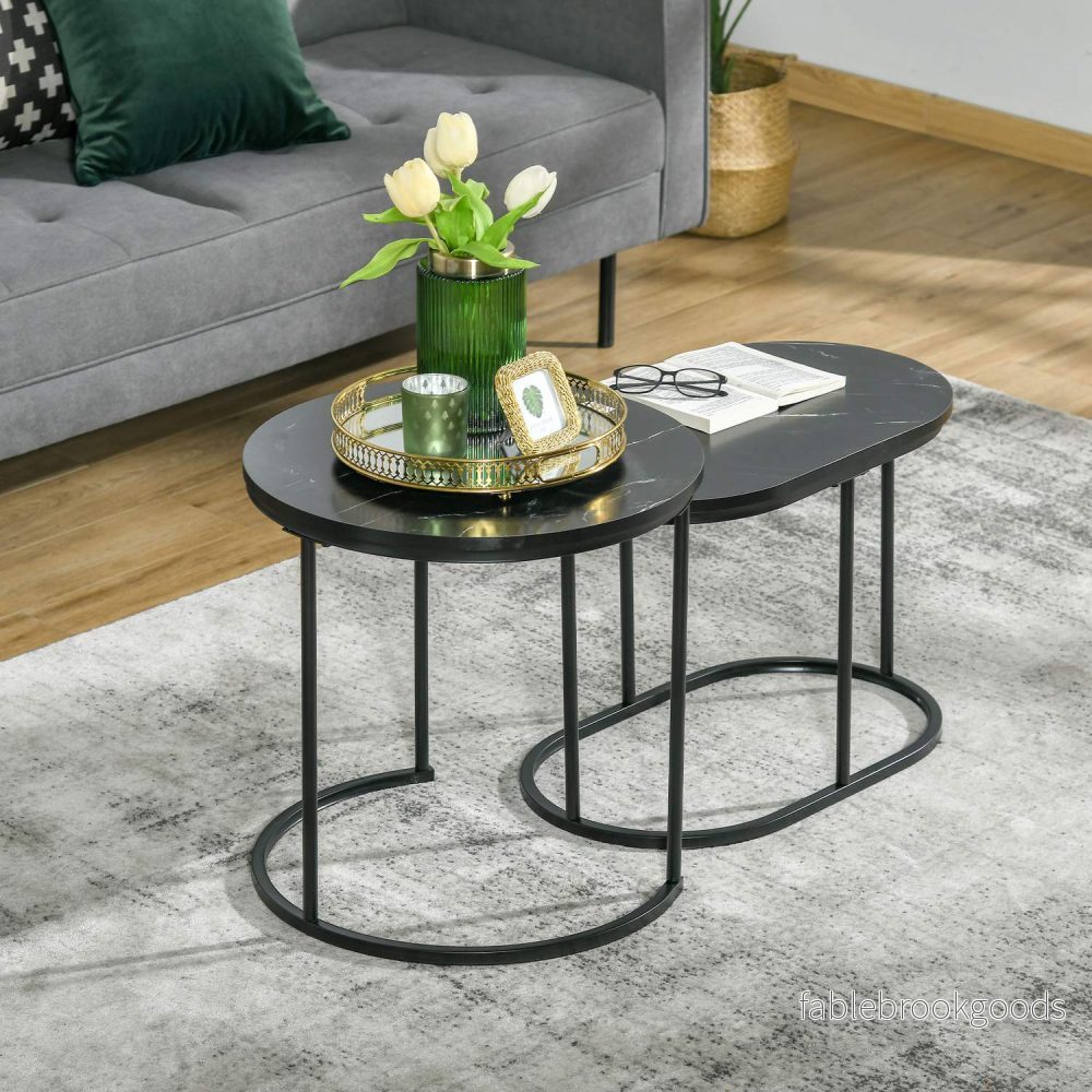 Set med 2 stapelbara runda soffbord, fuskmarmor, svart - Bild 2