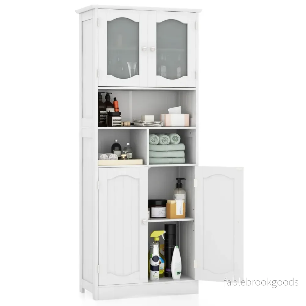 Badrumsskåp – Fristående Högskåp med dörrar och hyllor – 4 60 x 30 x 148,5 cm – Vit