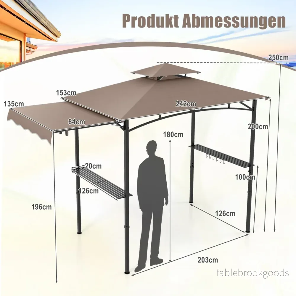 Grillpaviljong – med sidomarkis Dubbelt tak sidobord och krokar Trädgårdspaviljong BBQ – 2 – Brun - Bild 2