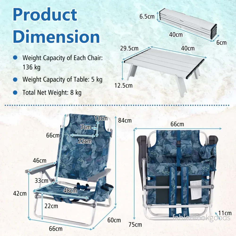 Set – Strandstolar Med Bord Vikbara Campingstolar Justerbart Ryggstöd – 2 – Marinblå - Bild 2