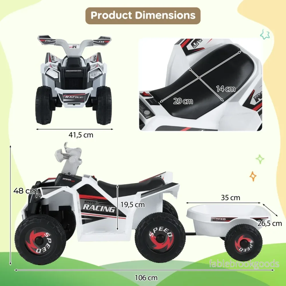 6V – barn elektrisk ATV med släpvagn elfordon slitstarka hjul – Vit - Bild 2