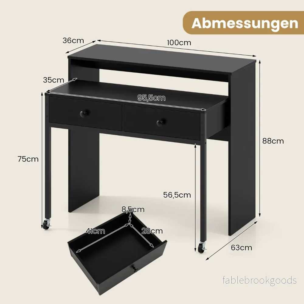Utdragbart – skrivbord, mindre datortabell med lådor och hjul – 2 100 x 63 x 88 cm – Svart - Bild 2