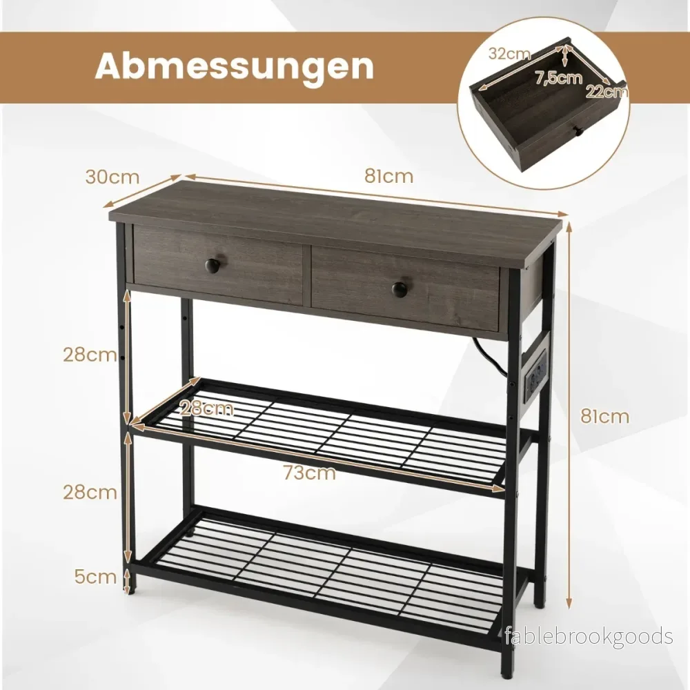 Konsolbord – med laddstation Hallbord lådor och metallnäthyllor – 2 2 – Grå - Bild 2