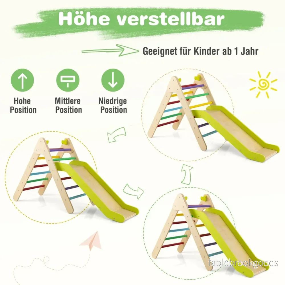 Klätterställning – med rutschkana Klättertriangel av trä Stegtriangel för glidning och klättring – 86,5 x 48 x 73,5 cm – Färgglad - Bild 2