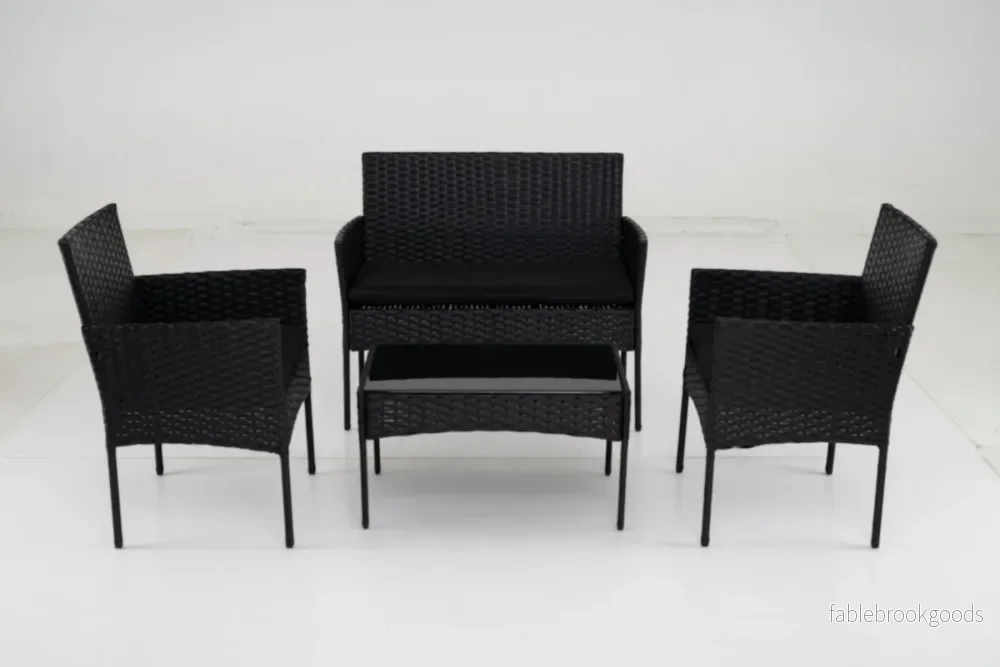 Rattangårdsmöbler – set med stolar, bänk, bord och kudde, sittgrupp, trädgårdsmöbler – 2 – Svart