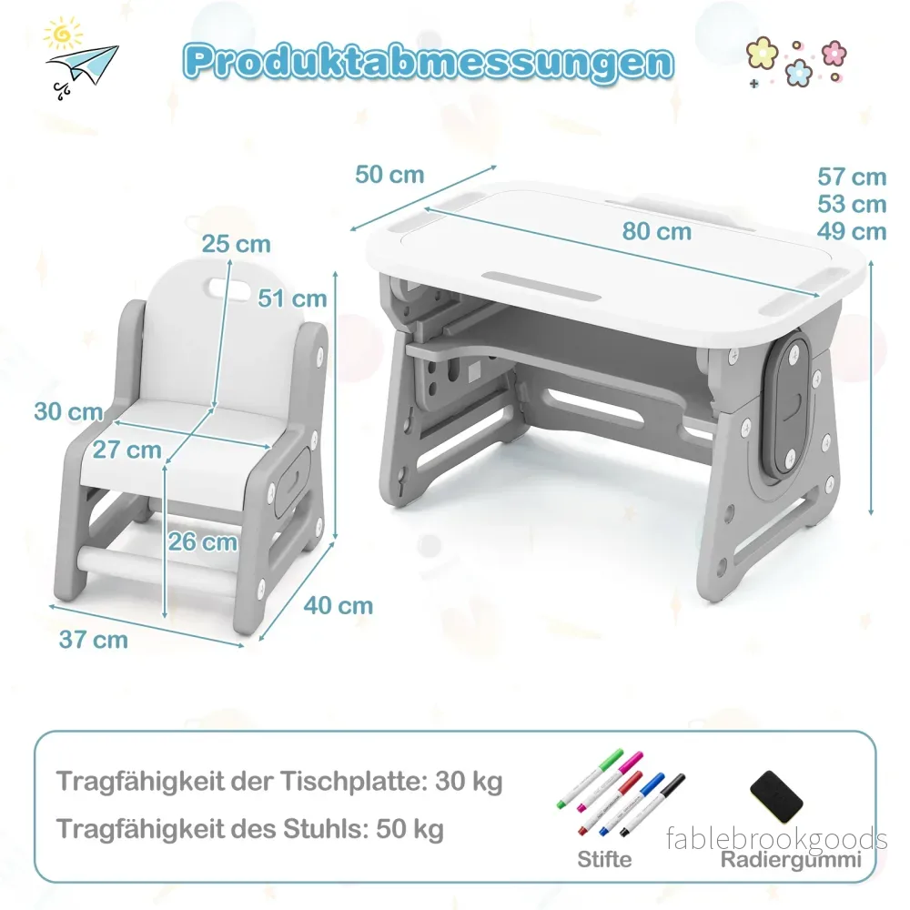 Barnbord – med stol Höj och sänkbart barnmöbelset lutbart whiteboard – Grå - Bild 2