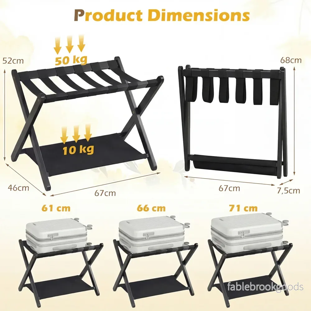 Fällbar – resväska ställning av gummiträ med hyllor upp till – 2 50 kg 67 x 46 x 52 cm – Svart - Bild 2