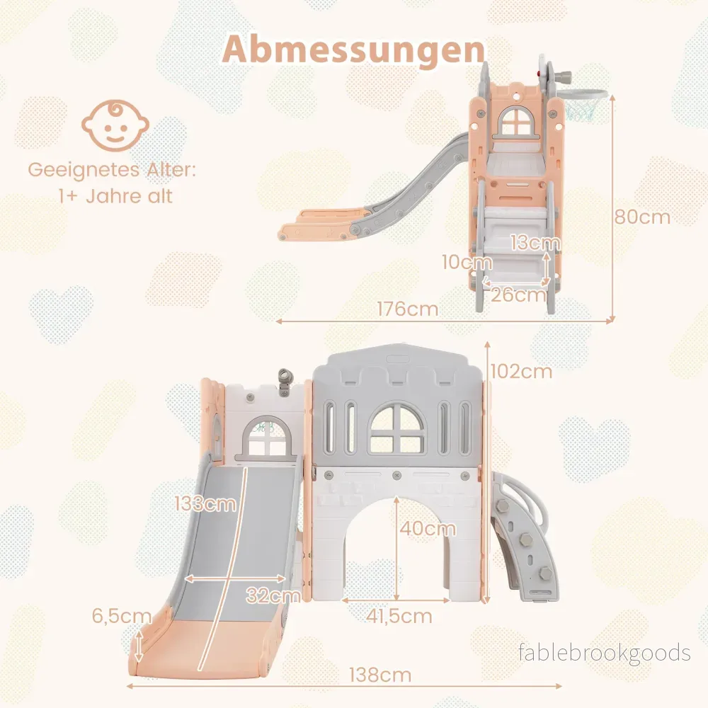 Barnrutschbana – i med basketkorg, klätterställning, tunnel, teleskop och förvaringsutrymme +Grå – 9 1 – Rosa - Bild 2