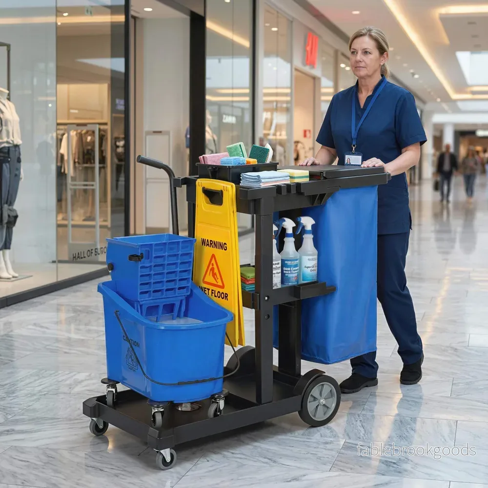 Städvagn med 3 hyllor, 70 liters påse, mopphink, blå - Bild 2