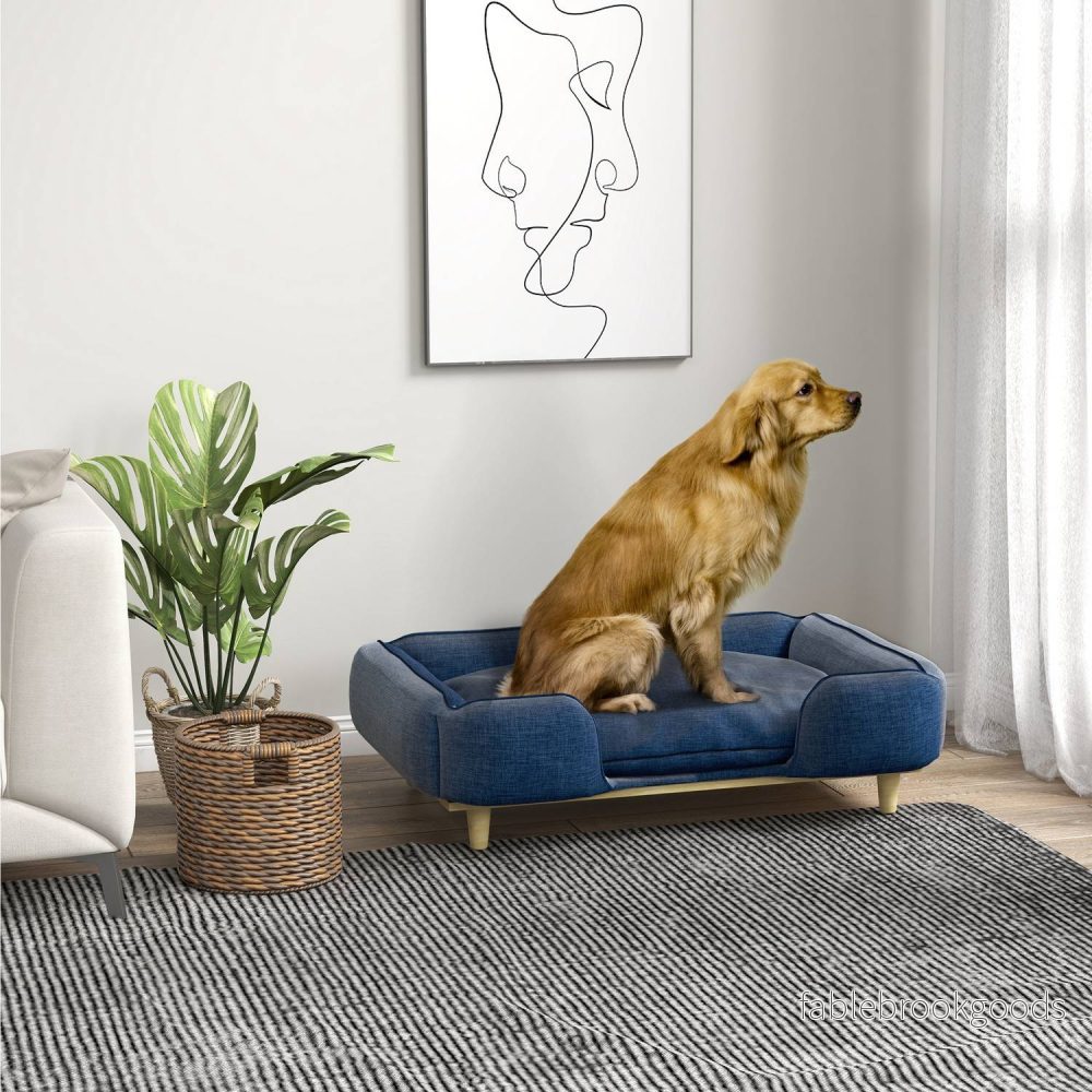 Mörkblå hundbäddsoffa med träben, 96x66x24 cm - Bild 2