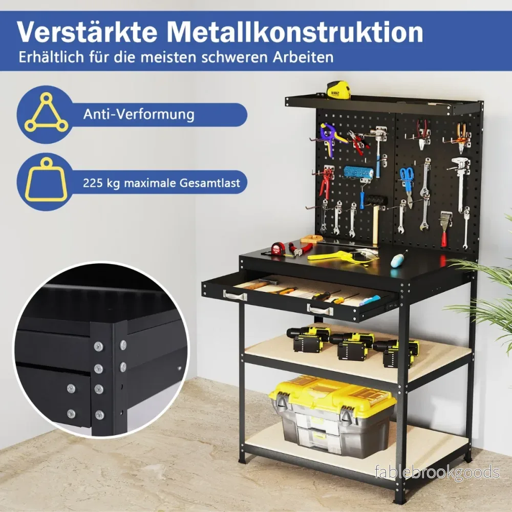 Arbetsbänk – lastkapacitet arbetsbord med perforerad vägg och lådor hyllor – 81 x 41 cm 225 kg – Svart - Bild 2