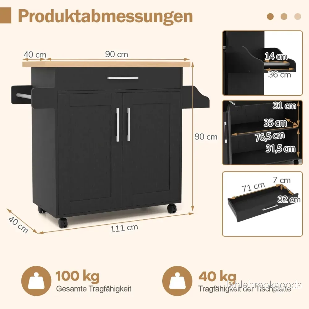 Köksvagn – med arbetsbänk, rullbar köksö låda och justerbar hylla Serveringsvagn Natur + – Svart - Bild 2