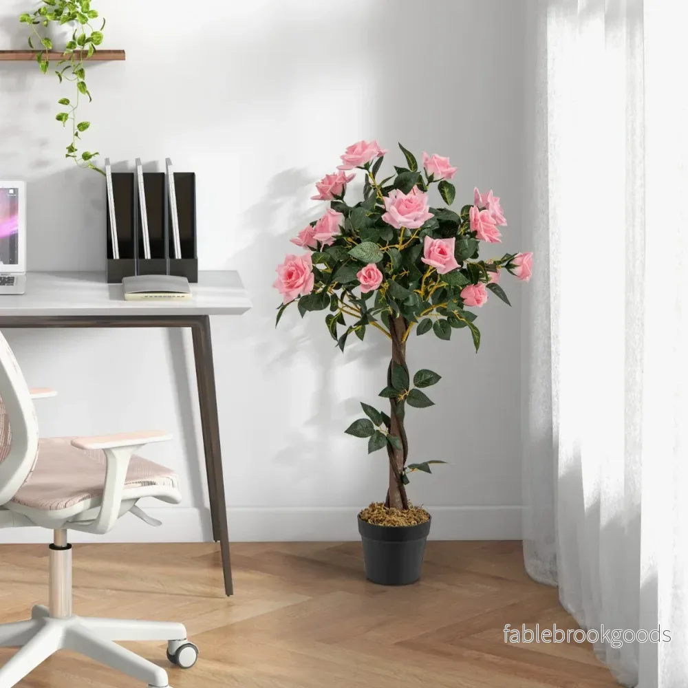 Rosenträd – med tallrosor och naturligt stamkonstträd blommor – 21 93 cm – Rosa - Bild 3