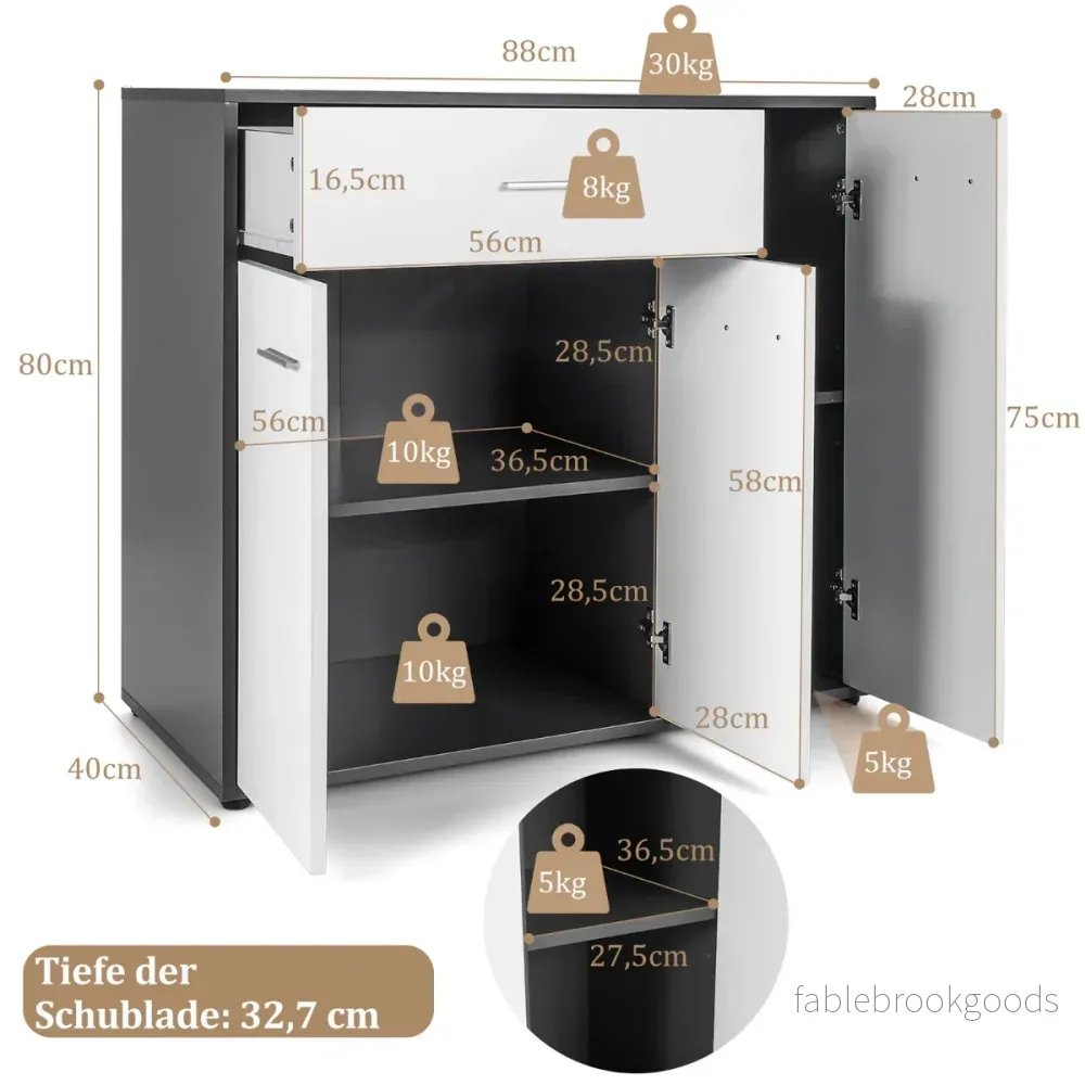 Byrå – Köksbufféskåp med låda Köksskåp ställbar hylla – 88 x 40 x 80 cm – Svart och vit - Bild 2