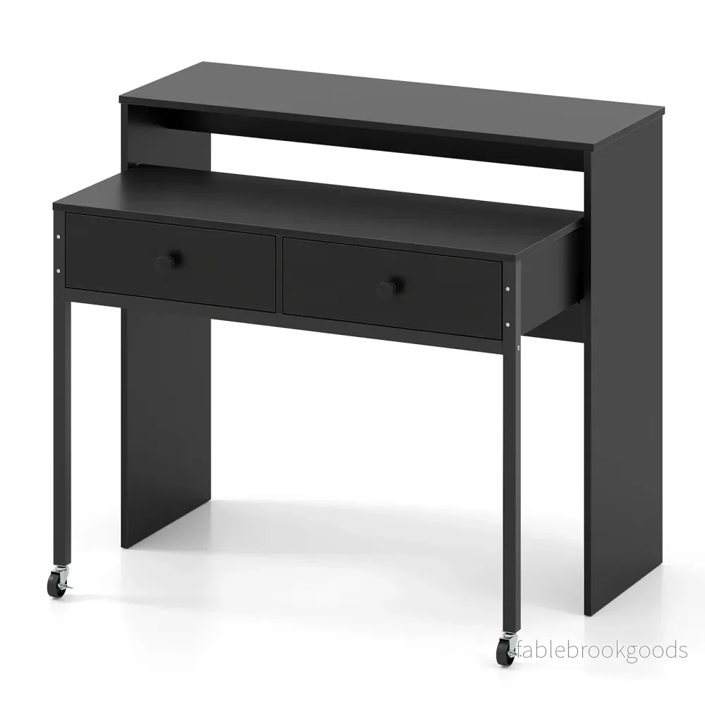 Utdragbart – skrivbord, mindre datortabell med lådor och hjul – 2 100 x 63 x 88 cm – Svart