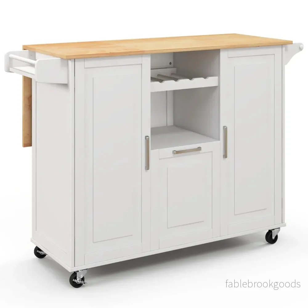Köksvagn – med hopfällbar bänkskiva och roterande hjul djuplåda Kitchen Island White – 4 – Vit - Bild 3