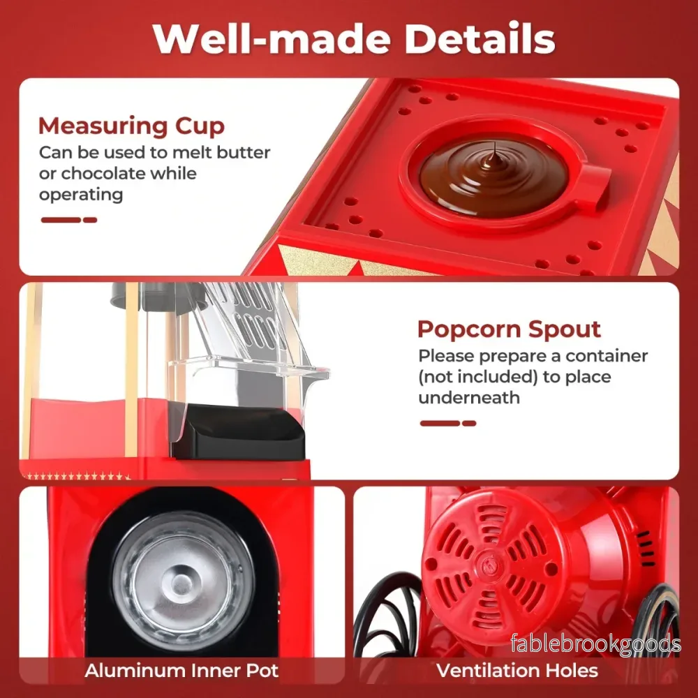 Retro – Popcornmaskin 1200W Varmluft med Måttbägare Utan Olja – 67 ml – Röd - Bild 3