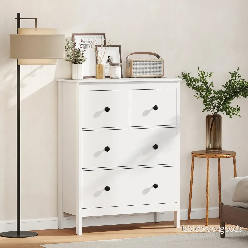 Kommod med 4 lådor för kläder och sängkläder, vit MDF - Bild 2