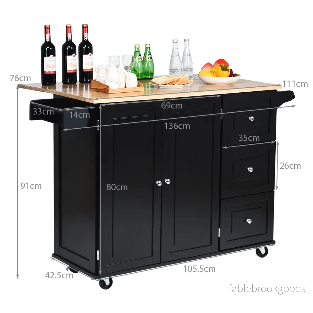 Rullbar – köksvagn med hopfällbar arbetsyta köksö – 136 x 76 x 91 cm – Svart - Bild 2