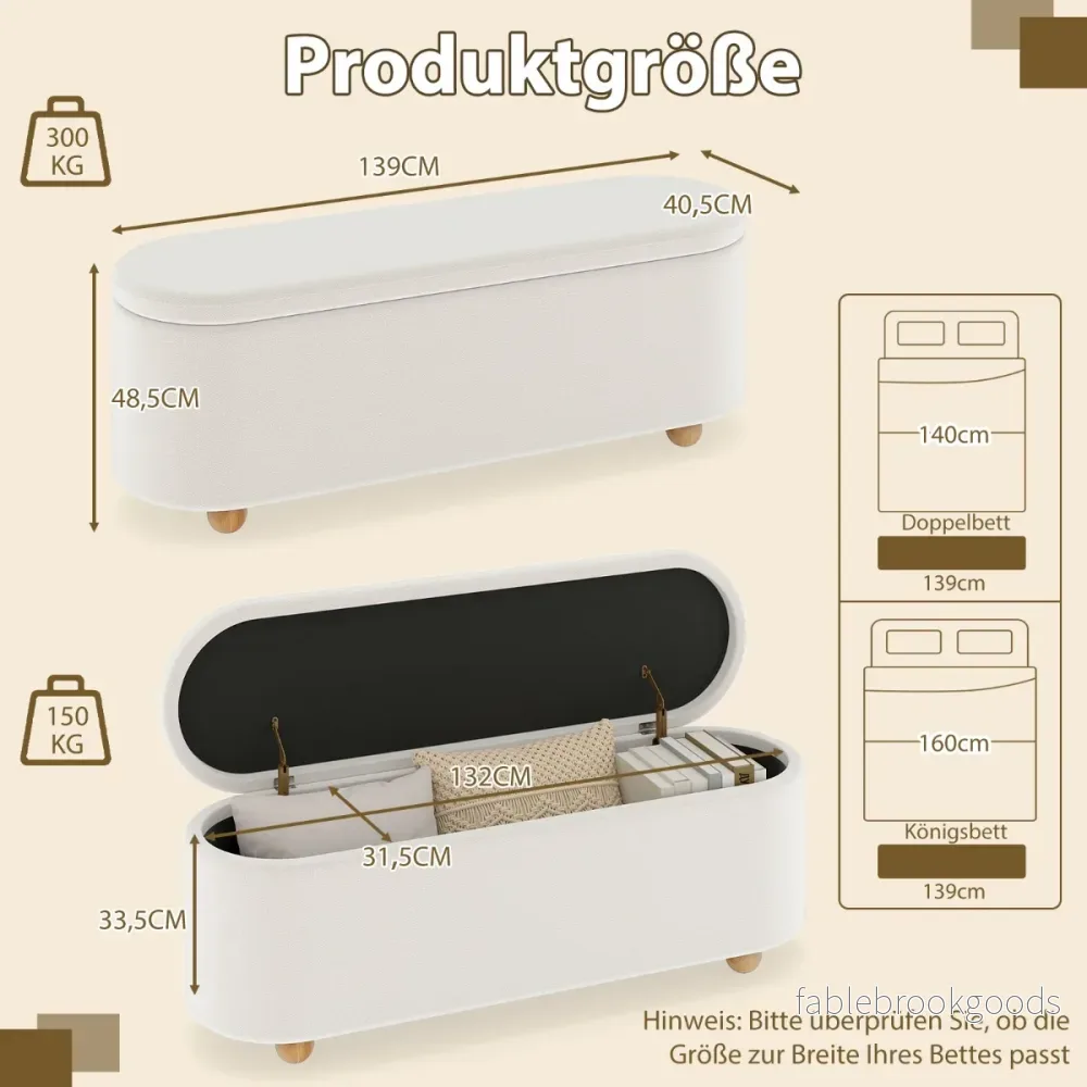 Oval – förvaringsbänk med lock Polstrad ottoman pall lång – 139 cm – Vit - Bild 2