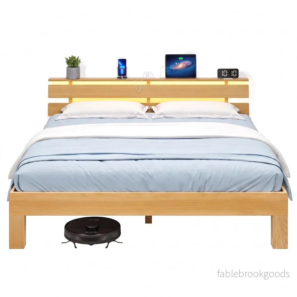 Bedframe – Van Massief Beukenhout – Hoofdbord met LED en USB – Naturel – 221,2 x 164,5 x 78 cm Bedframe – Van Massief Beukenhout – Hoofdbord met LED en USB – Naturel – 221,2 x 164,5 x 78 cm