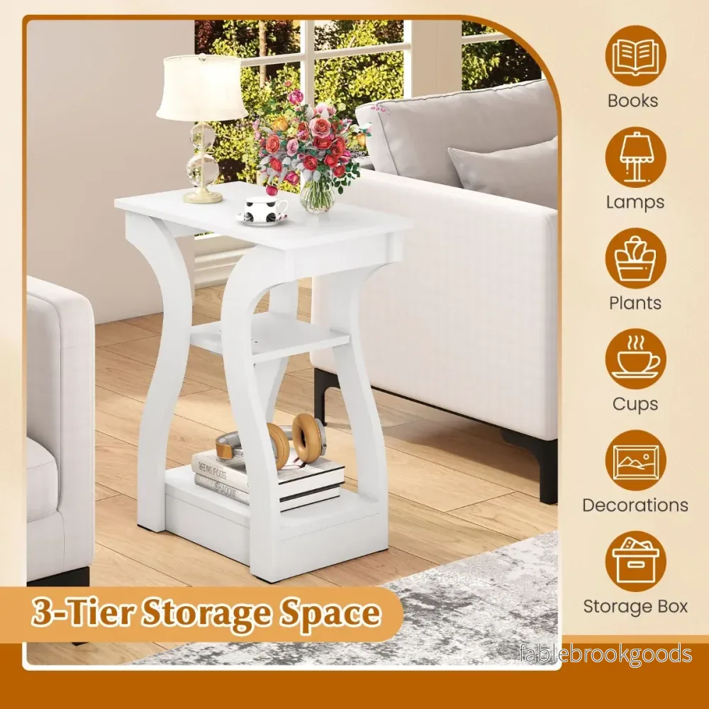 set – sidobord med laddstation vånings soffbord öppna hyllor vitt – 2 3 – Vit - Bild 3