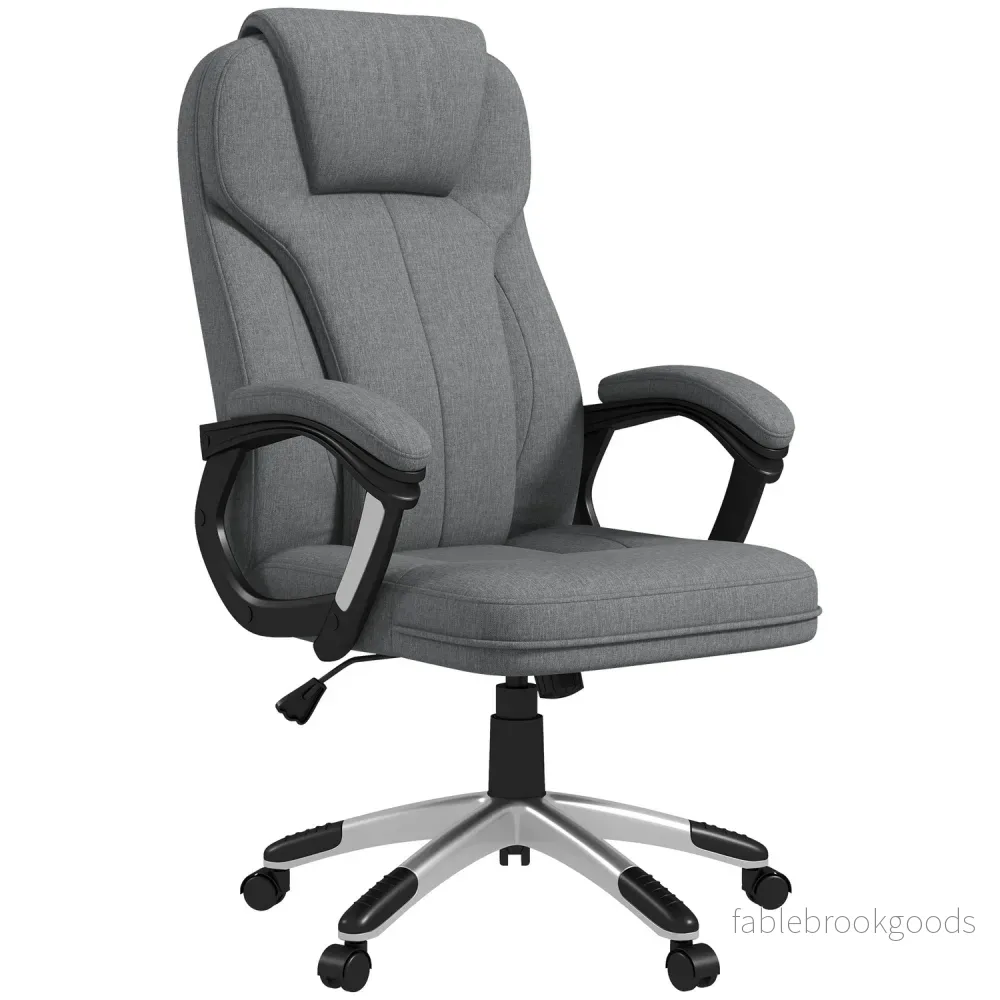 Ergonomisk kontorsstol – justerbar höjd, grått linne, nackstöd