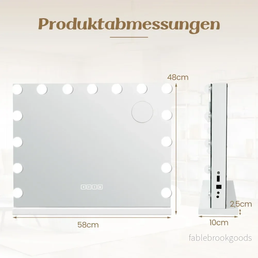 Hollywood – spegel med belysning USB laddningsport och Bluetooth högtalare för sovrum – 58 x 46 cm – Vit - Bild 2