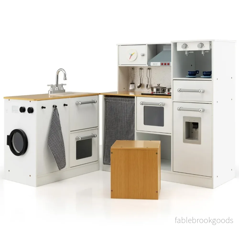 Barnköksset – Lekök med lätt pall Kaffemaskin Vattendispenser Spis – Vit - Bild 2