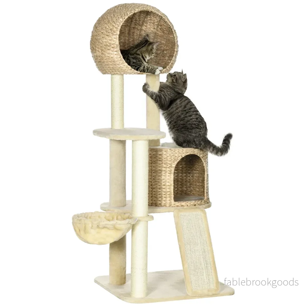 Kattskrapstolpe med rottinghus och hängmatta, beige Kattskrapstolpe med rottinghus och hängmatta, beige