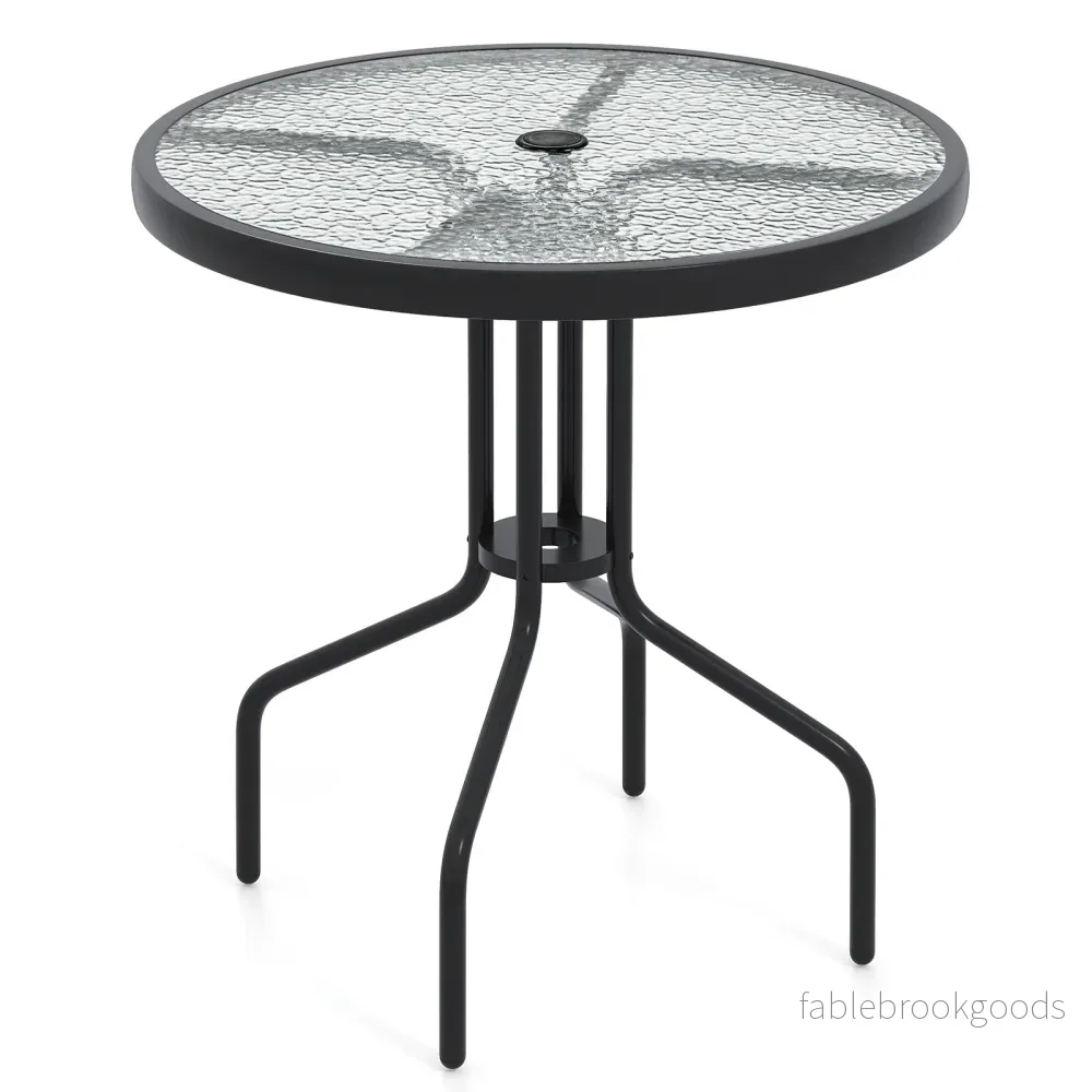 Trädgårdsbord – med parasollhål Bistråbord bordsskiva av härdat glas – 70 x 70 x 71 cm – Svart