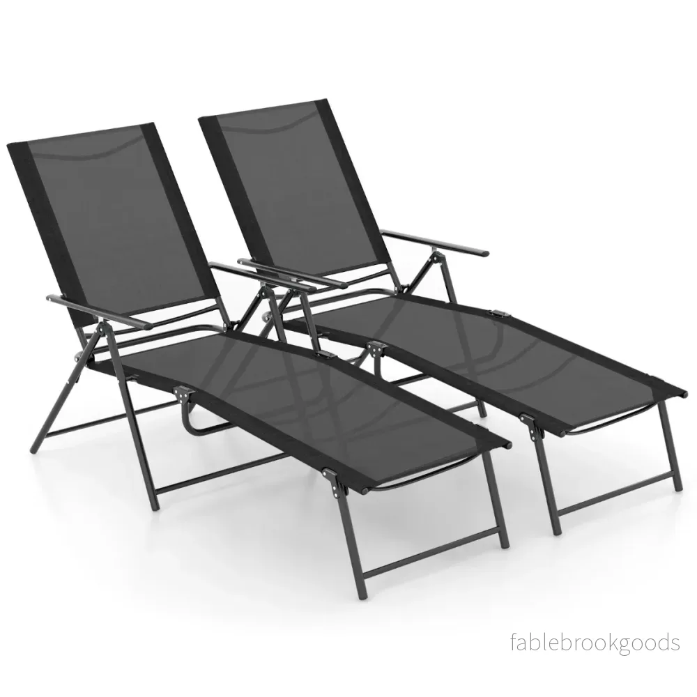 Set – med hopfällbara solstolar justerbart ryggstöd – 2 – Svart