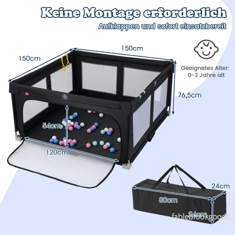 Leksaksgård – för baby, hopfällbar lekgård med bollar, handtag och dragkedjedörr – 50 4 150 x 150 cm – Svart - Bild 2