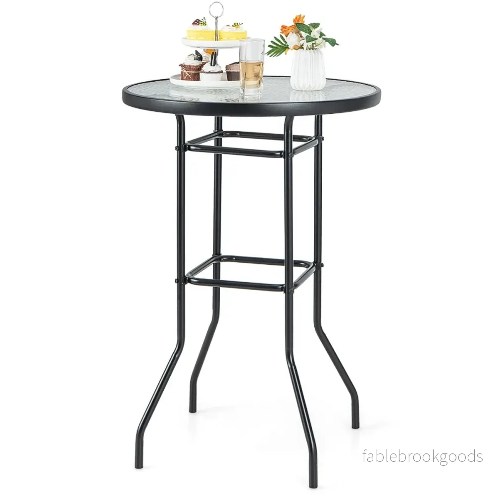 Högt – trädgårdsbord, barbord, runt bistrobord med härdat glasskiva, – 68 x 68 x 97 cm – Svart - Bild 2