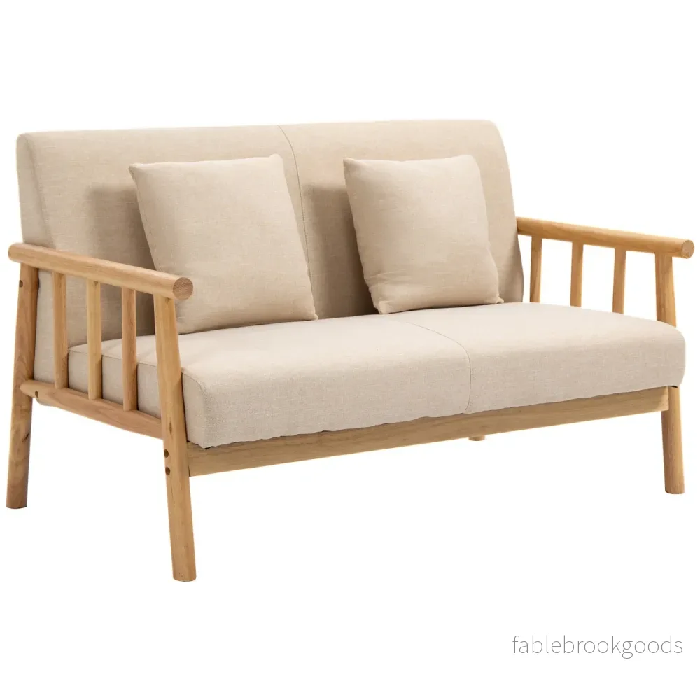 Beige 2-sits soffa med kuddar, linne-look, kompakt Beige 2-sits soffa med kuddar, linne-look, kompakt